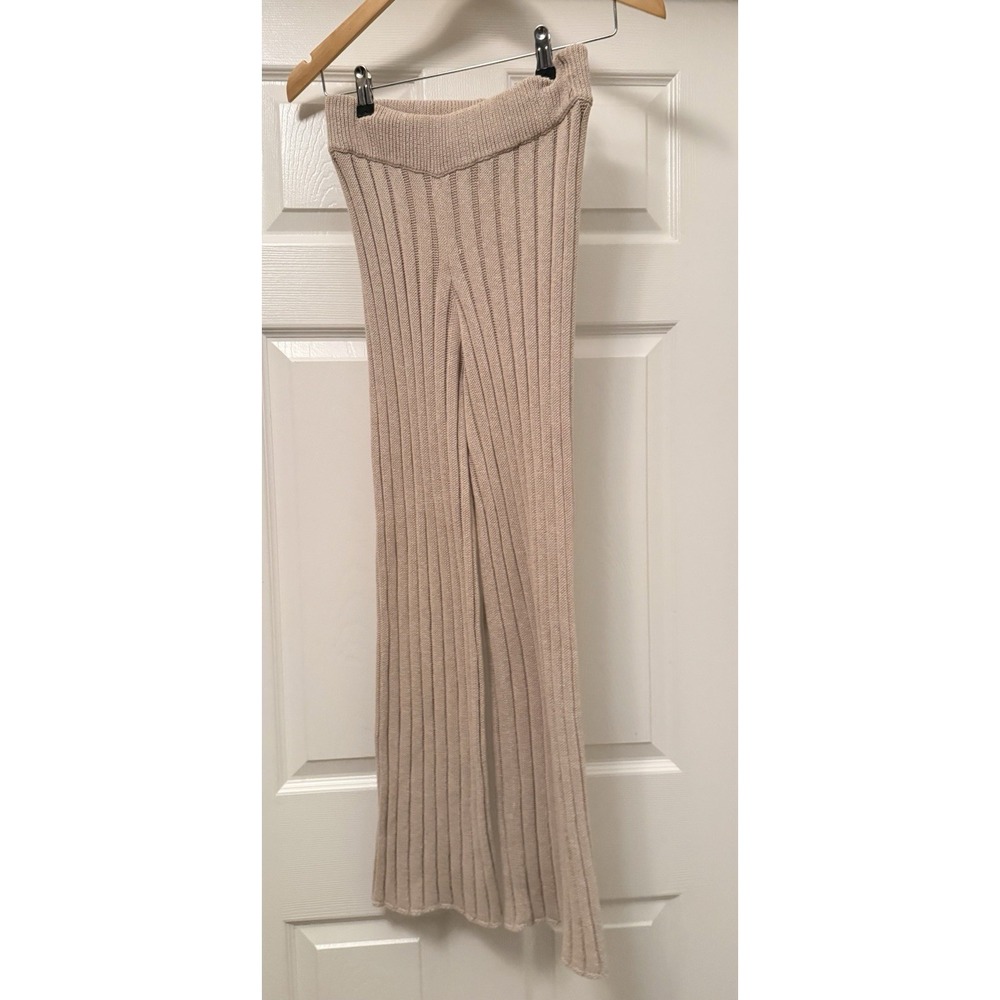 Free People FP Beach Knit Pants Women XS Beige Ribbed Flare Leg High Waist Boho